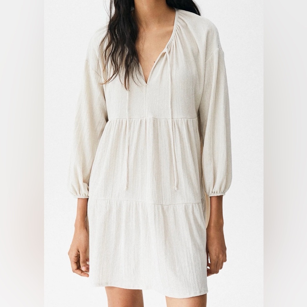 Pull & Bear Boho Tie-Neck Tiered Midi Dress in Soft Ivory Small